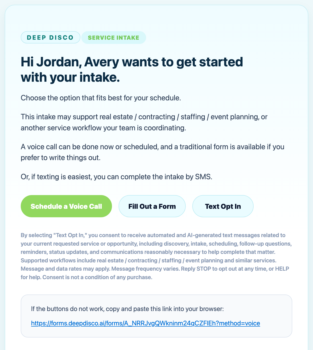 Multi-industry screenshot of the Deep Disco discovery invitation email showing the Text Opt In button and the SMS opt-in disclosure text beneath it