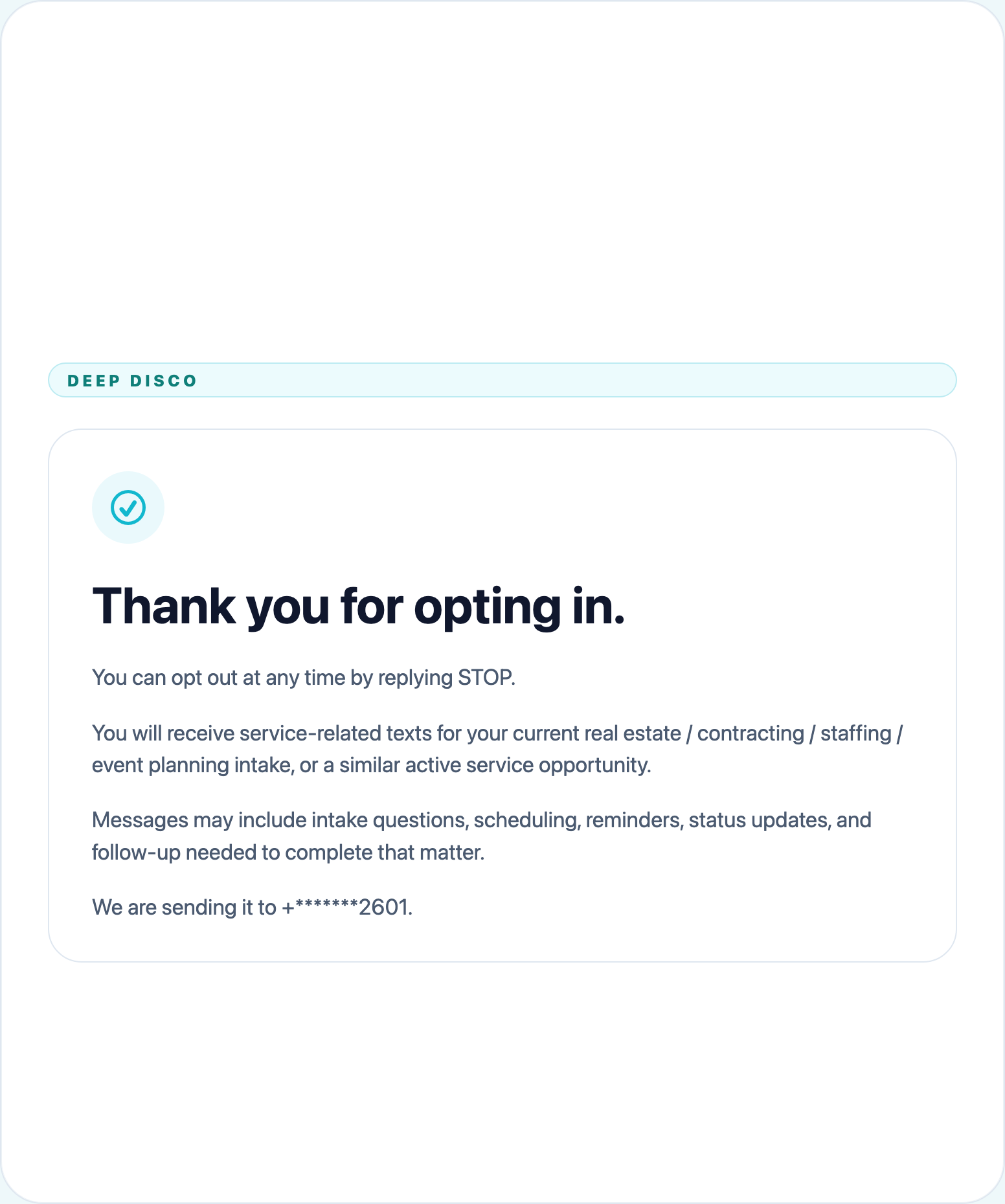 Multi-industry screenshot of the Deep Disco SMS opt-in confirmation page shown after a user selects the Text Opt In button